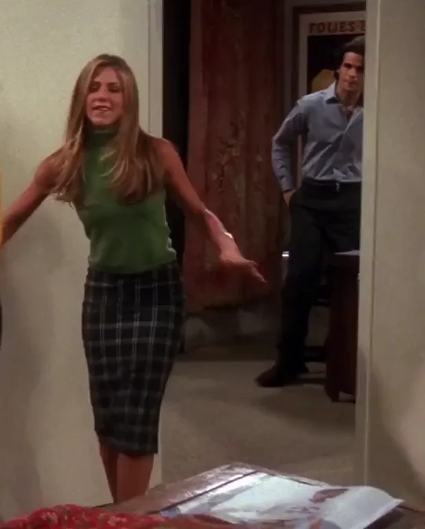 Jennifer Aniston's Slutty Plaid Skirt Tease in Rachel's Iconic Green Top
