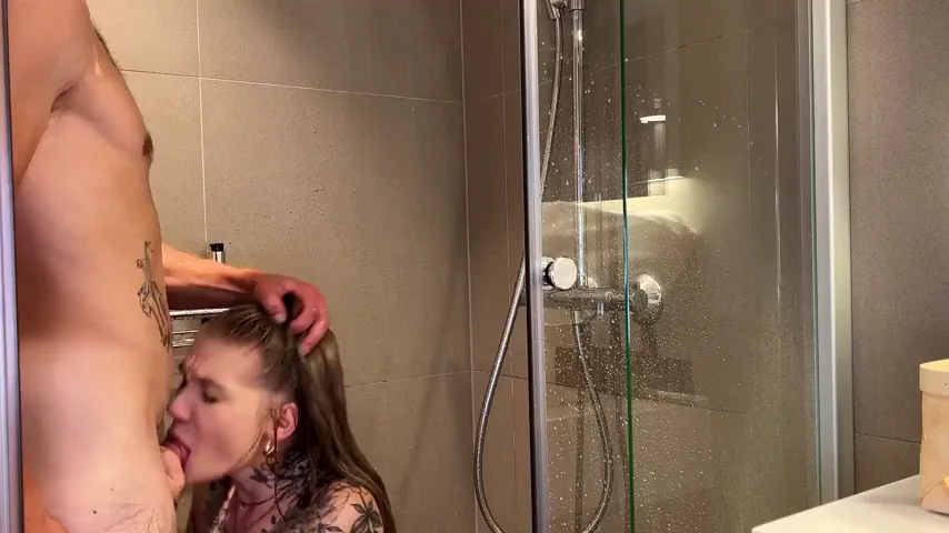Petite Inked Slut Struggles to Gulp Massive Cock in Steamy Shower