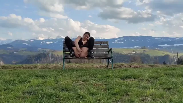 Milf's Slutty Bench Tease with Epic Mountain Views