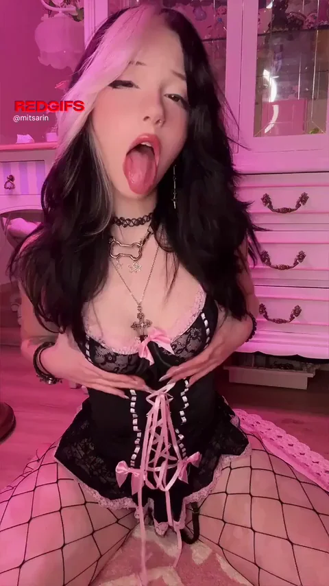 Petite Egirl's Wild Real Ahegao Tongue Tease in Lacy Lingerie