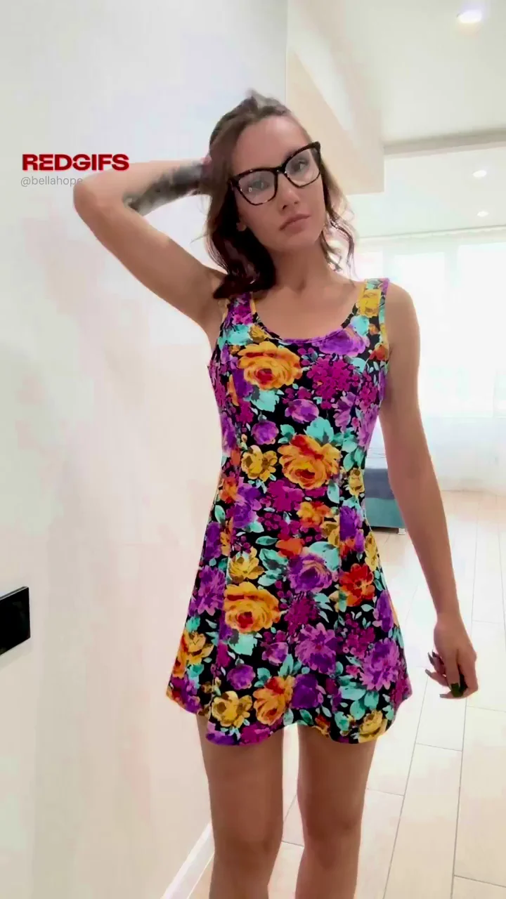 Petite Brunette Glasses Slut Strips Out of Floral Swimsuit Tease
