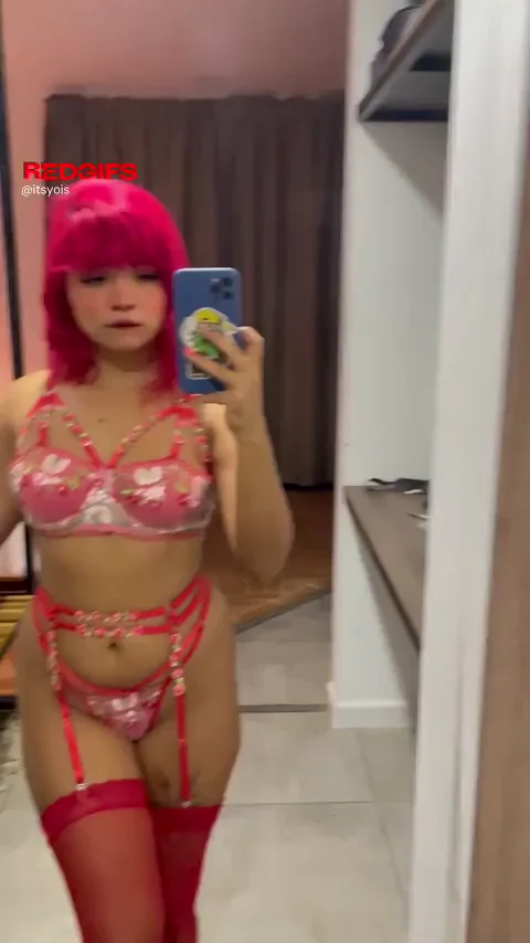 Pink-Haired Slut's Red Lingerie Tease - Tongue Out & Thicc Thighs Dripping Hot