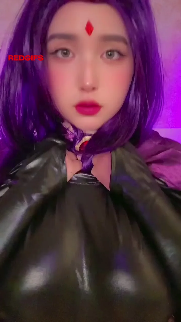Raven Cosplay Slut Teasing Her Shiny Big Tits