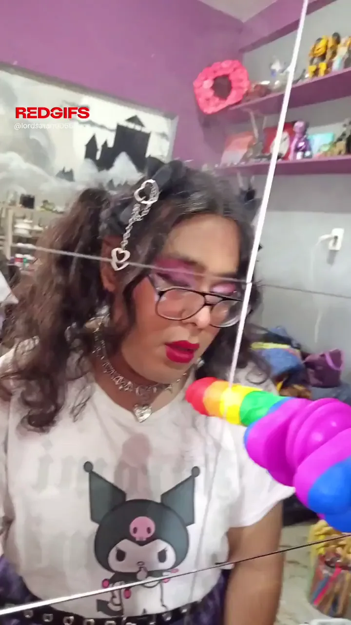 Chubby Trans Sissy Slut Sucks Rainbow Dildo While Watching Herself