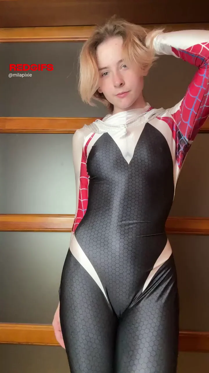 Petite Tit Gwen Stacy Teases with Perky A-Cups in Shiny Spidey Suit