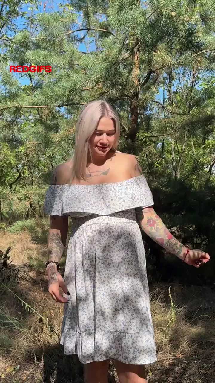 Sunlit Striptease: Busty Blonde Preggo Flaunts 8-Month Bump & Massive Tits Outdoors