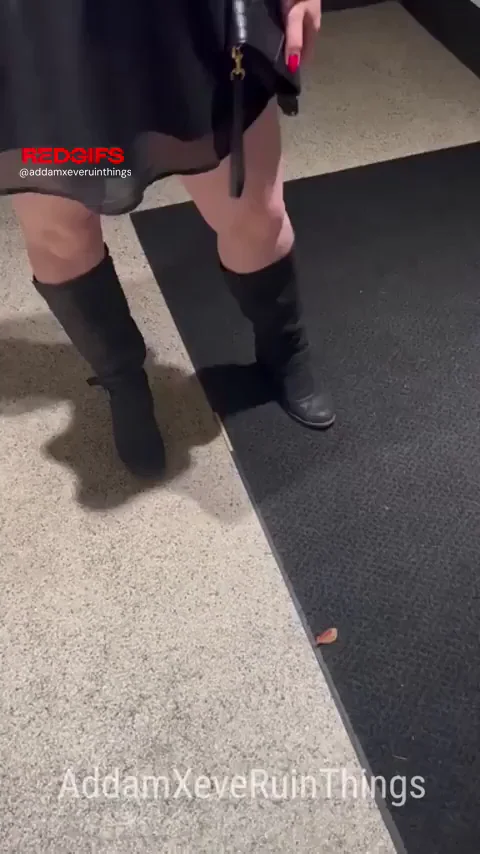 Thick Wife's Naughty Panty Peek Tease in Black Dress & Boots