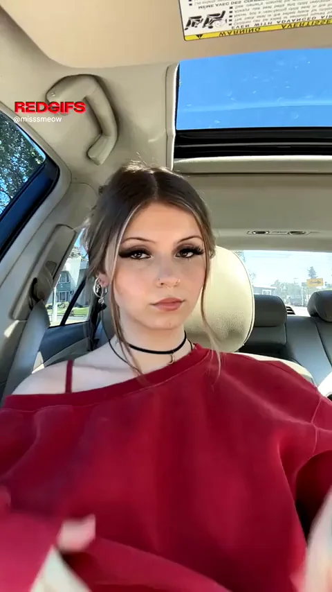 Brunette Bombshell's Car Tease: Sweater Slips & Perky Tease