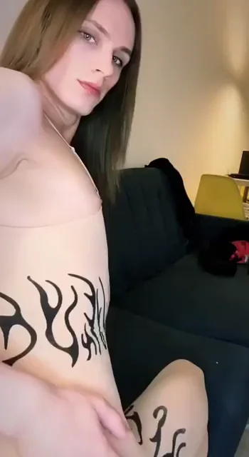 Trans Hottie with Flame Tats Bends Over & Shows Her Thick Cock 🍆🔥