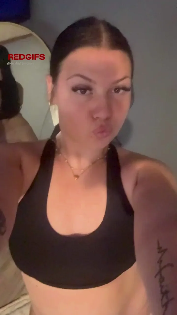 Dorm Tease: Curvy College Slut's Black Sports Bra Mirror Flex & Pout