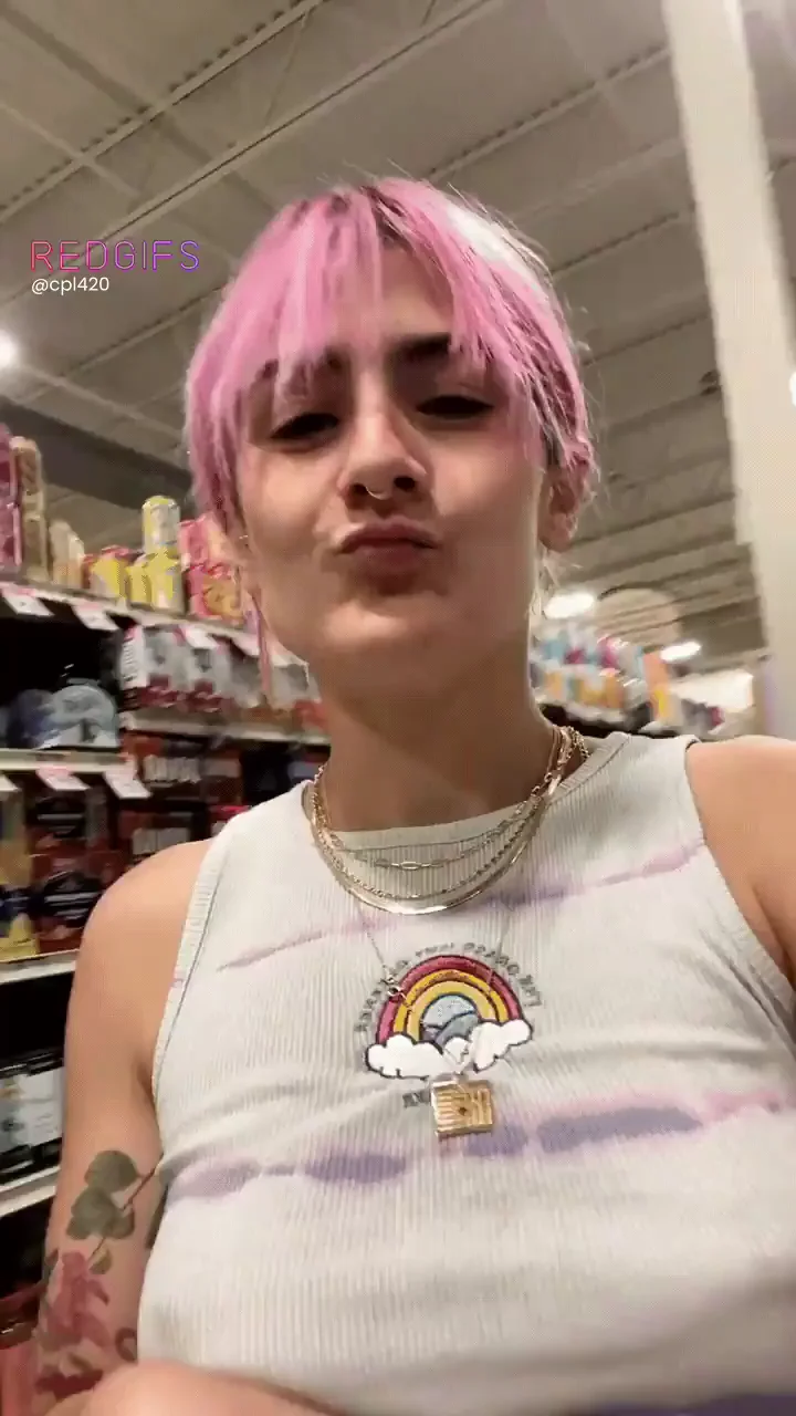 Risky Pink-Haired Slut Flashes Tits in Store 😈🍑