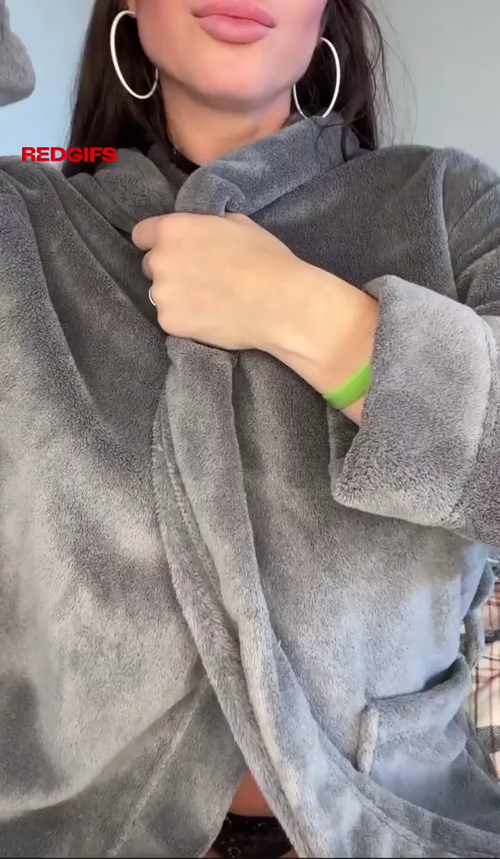Mystery Busty Babe Teasing in Grey Robe