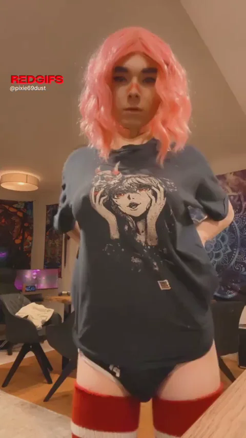 Pink-Haired Femboy Teases Massive Cock Bulge
