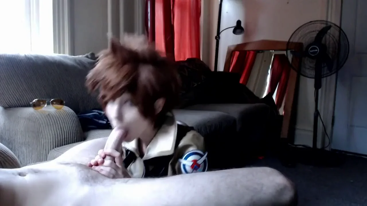 Tracer Cosplay Slut Sucks Cock to the Brink of Explosion
