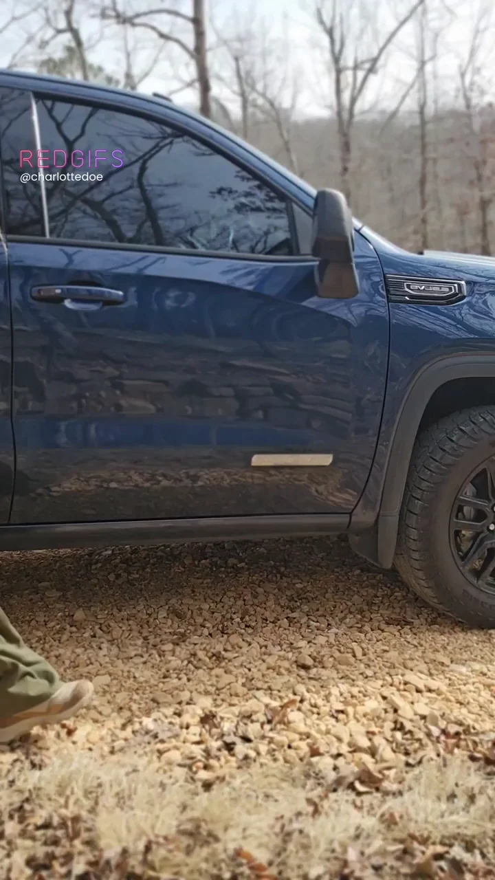 Trailside Treat: Blonde Hiker Bends Over Truck for Rear Pussy Flash