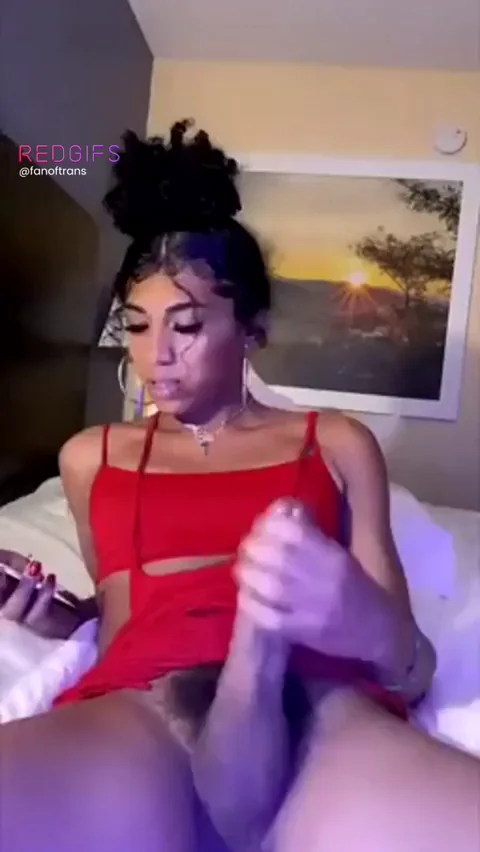 Red Dress Trans Tease: Curvy Girlcock Stroking & Ass Up in Sheer Lace