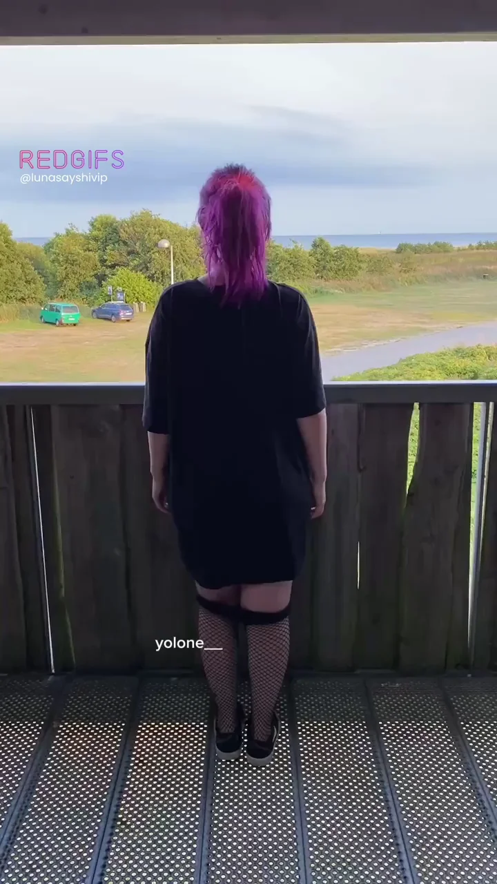 Goth GF's Public Balcony Booty Tease - Fishnets & Thong Exposure