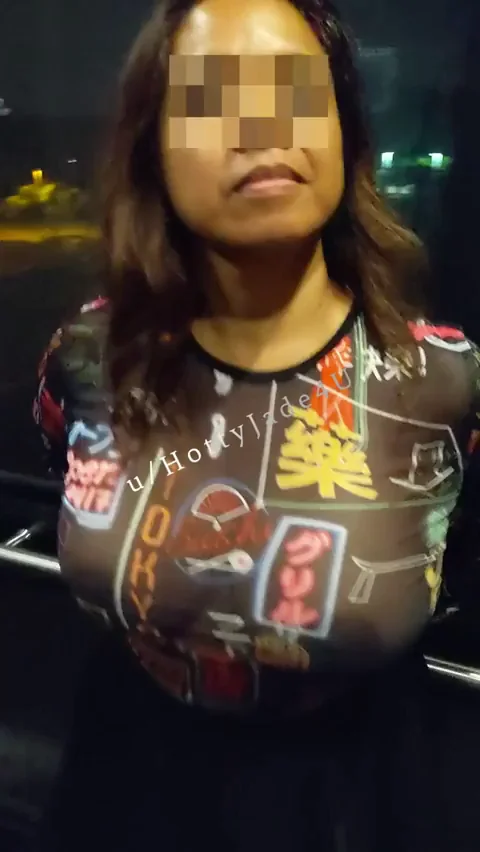 Asian Slut's Sheer Titties Tease on Hotel Bar Descent