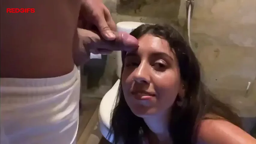 Shameless slut walks around in public with cum all over her face