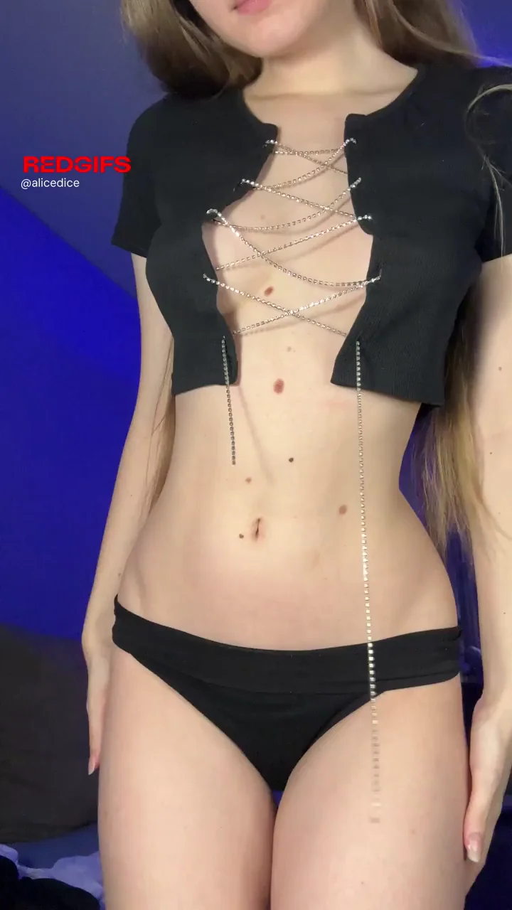 Blonde Petite Tease Spills Perky Tits in Chain-Laced Downblouse Top