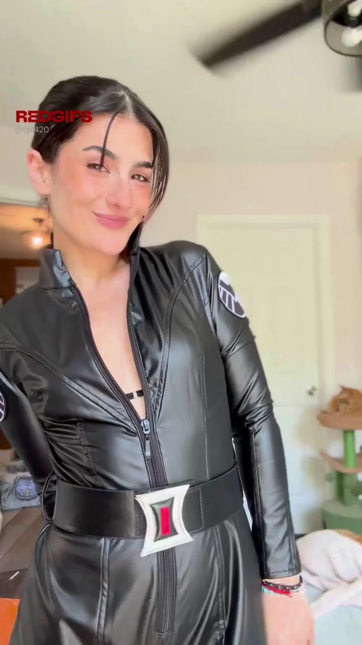 Homemade Black Widow Cosplay Tease in Shiny Catsuit