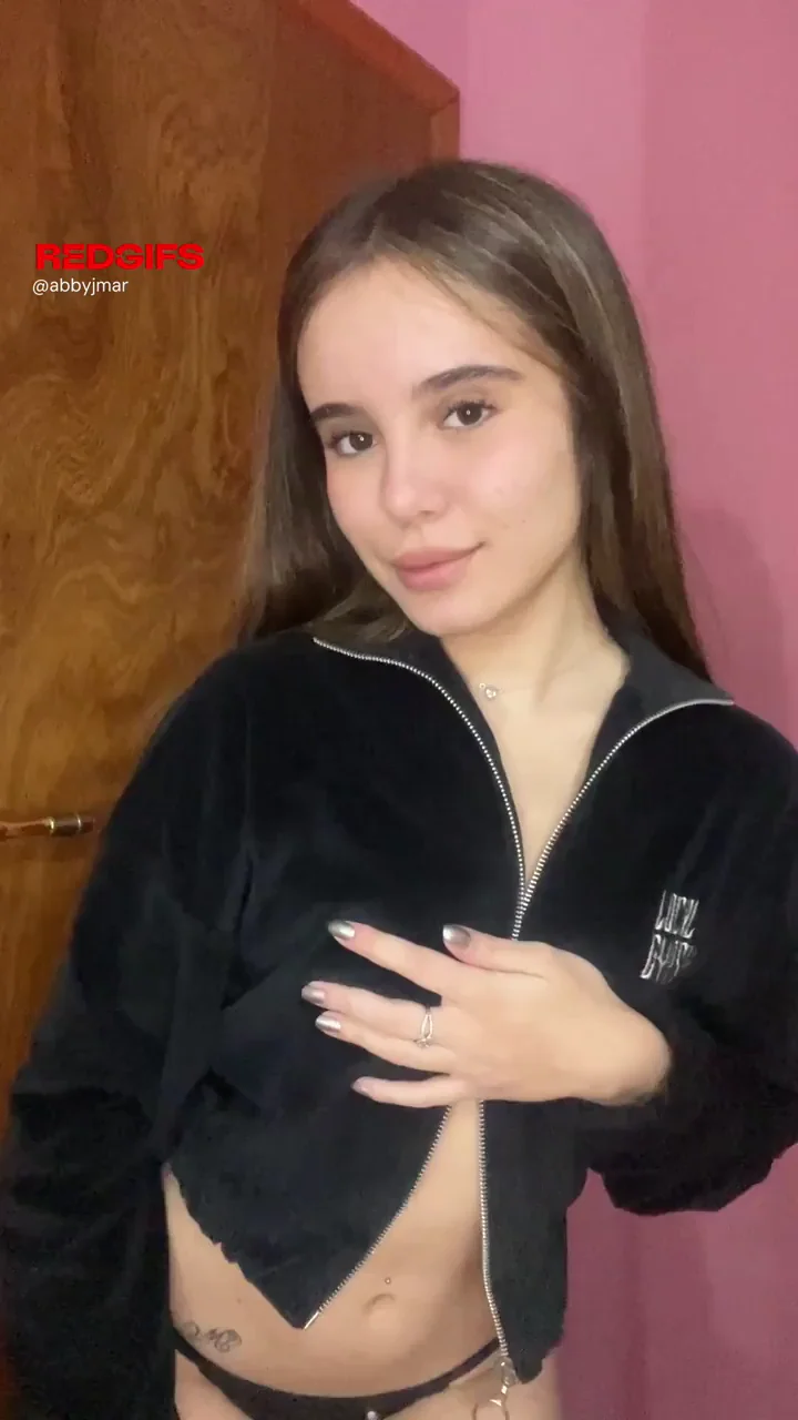 18yo Brunette Tease Flashes Perky Tits in Zip-Down Hoodie