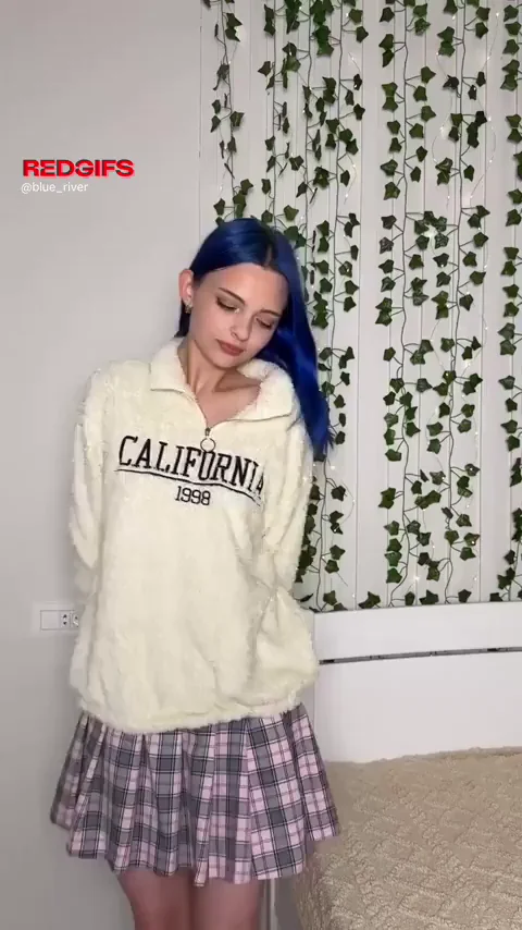 Blue-Haired Cutie Strips Bare & Teases Her Perky Tits