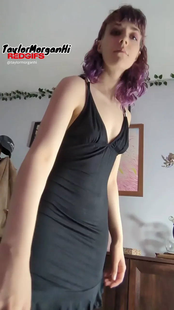 Petite Goth Slut's No-Panty Black Dress Tease