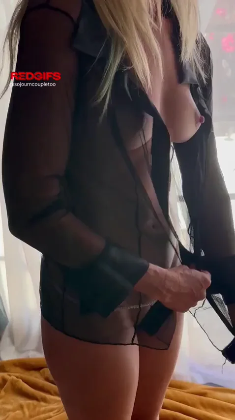 Petite Blonde Wife Teasing with Tits and Thong in Sheer Robe