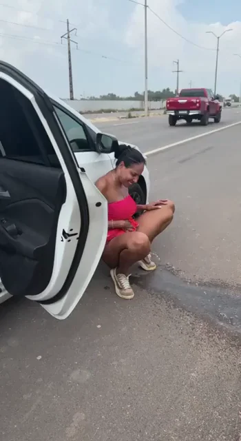 Public Slut Squatting to Soak Her Pussy Wet 💦🚗😈