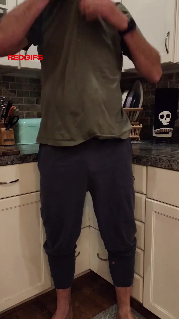 Step-Dad's Massive Morning Wood Bulge Tease in Kitchen