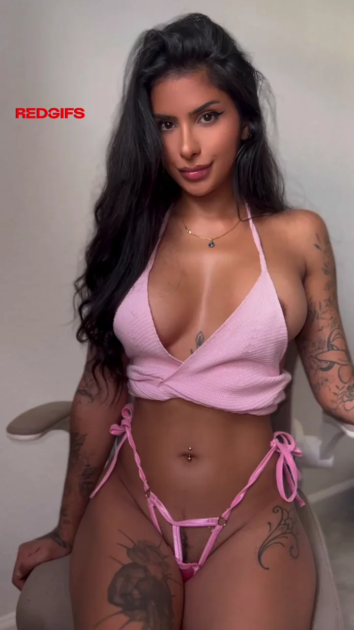 Bushy Indian Bombshell Teases Hairy Pussy in Pink Slingshot Thong