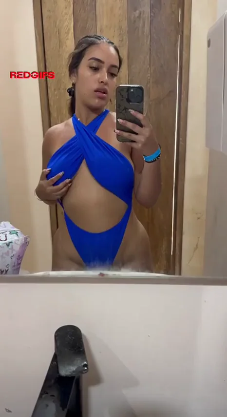🔥 American Latina Wife's Massive Tits in Blue Sling Bikini Tease 💦
