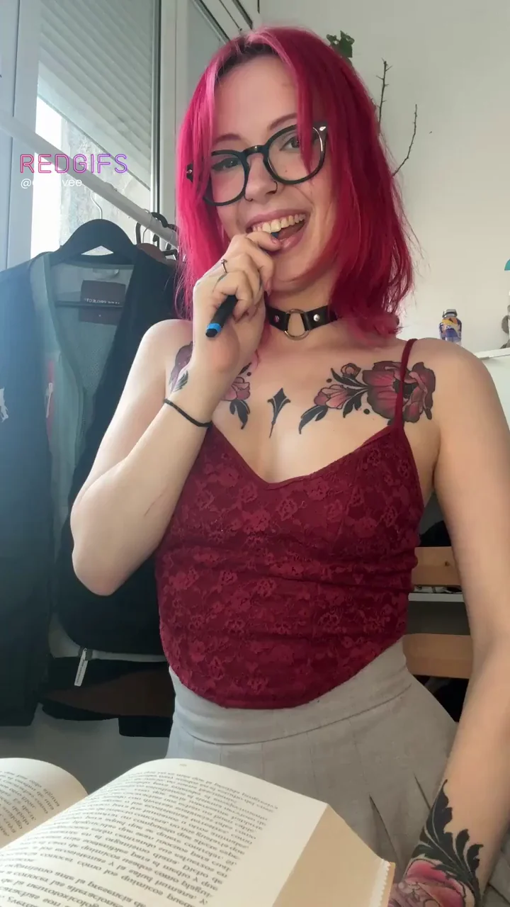 Pink-Haired Slut's Study Tease with Tits Out