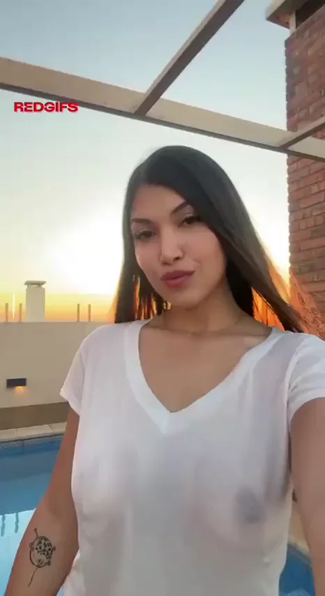 Wet Busty Slut's Tits Tease by the Pool