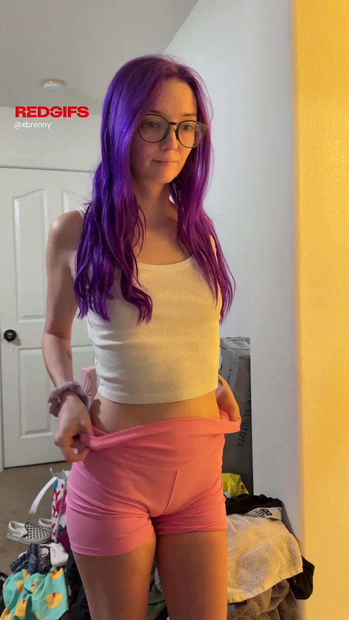 Purple-Haired Cutie Pulls Panties Aside for Easy Pussy Access