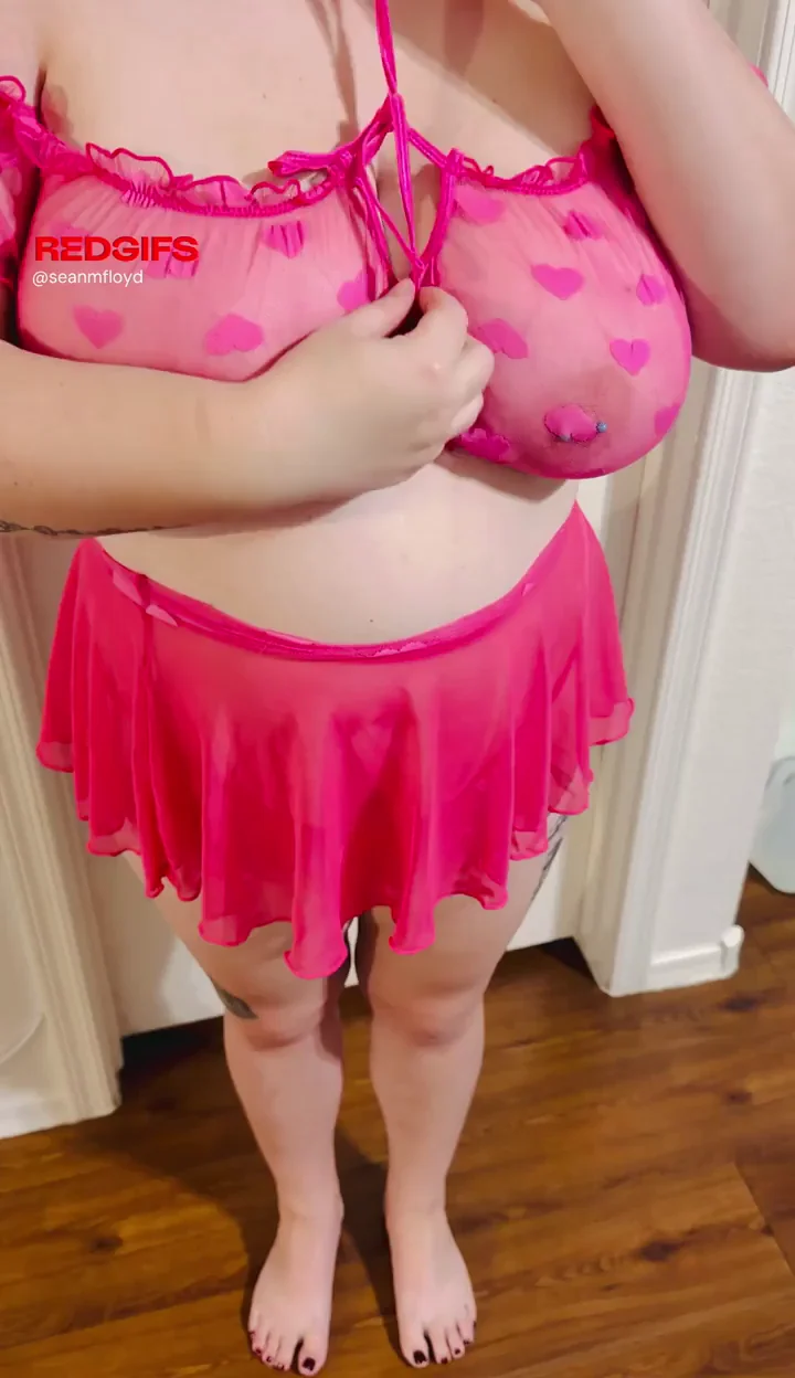 Chubby Wife's Massive Tits Tease in Pink Lingerie