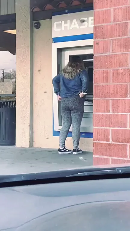 Sneaky ATM Handjob Withdrawal in Grey Leggings