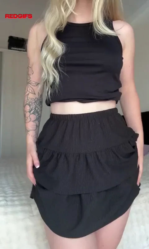 Perky Tits Tease in All-Black Slutty Skirt