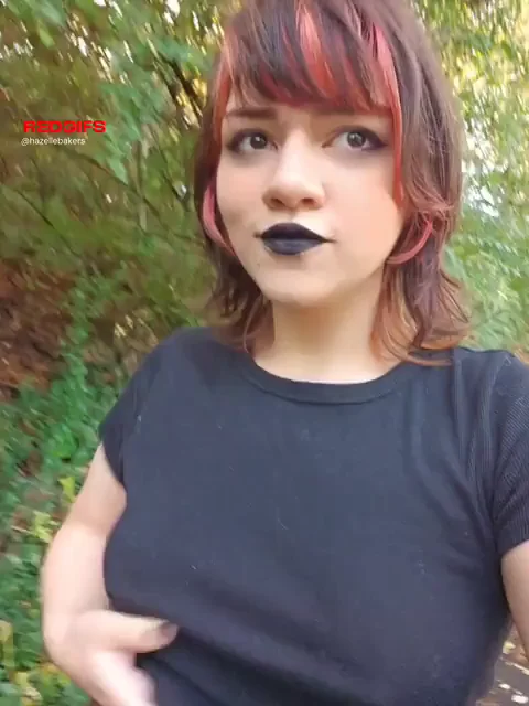 Petite Goth Babe's Naughty Public Tee Tease Stroll