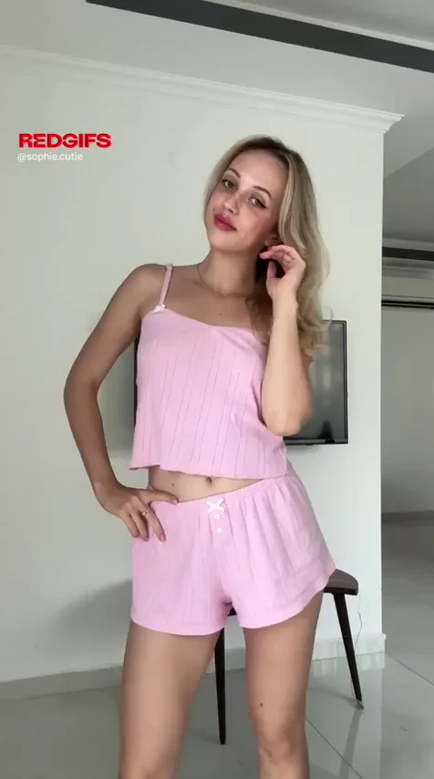 Petite Blonde Bombshell Teases Natural Perky Tits in Pink PJ Strip