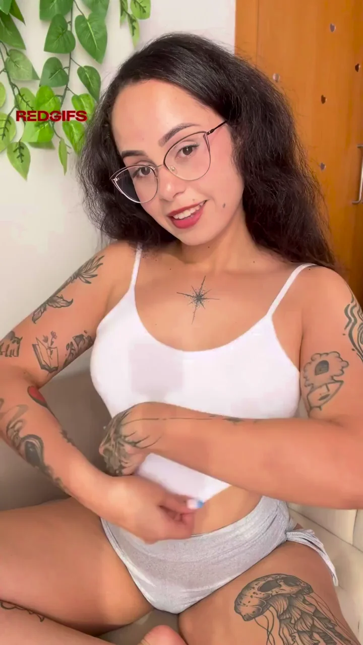 Inked Nerd Slut Teases Her Perky Tits Till They're Out and Begging