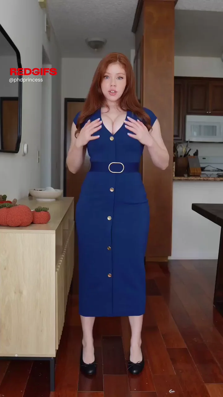 Redhead Office Slut Rocks Tight Blue Dress, Tits Begging to Burst Out