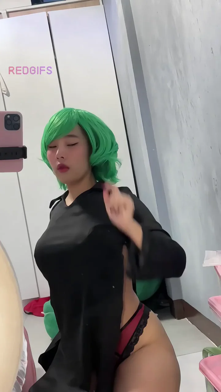 Jenny's Slutty Tatsumaki Cosplay: Green-Haired Tit Tease in Sheer Black Dress
