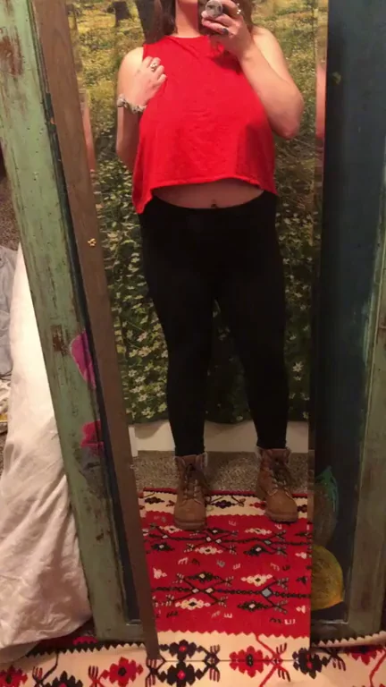 Baby It's Cold Outside: Teasing Strip in Red Crop Top & Tight Leggings