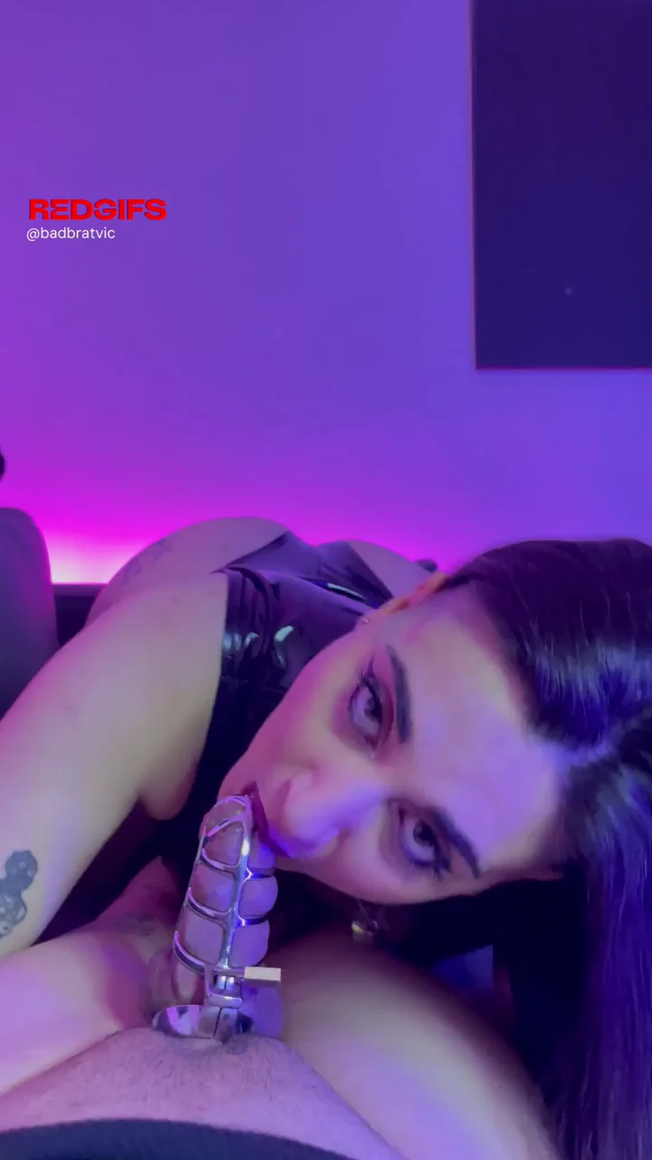 Caged Beta's Only Taste: Domme's Shiny Latex Lips Tease Locked Cock