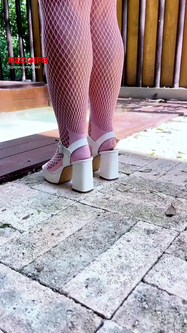 Teasing Ass Climb in Fishnet Thigh-Highs and Slutty White Heels