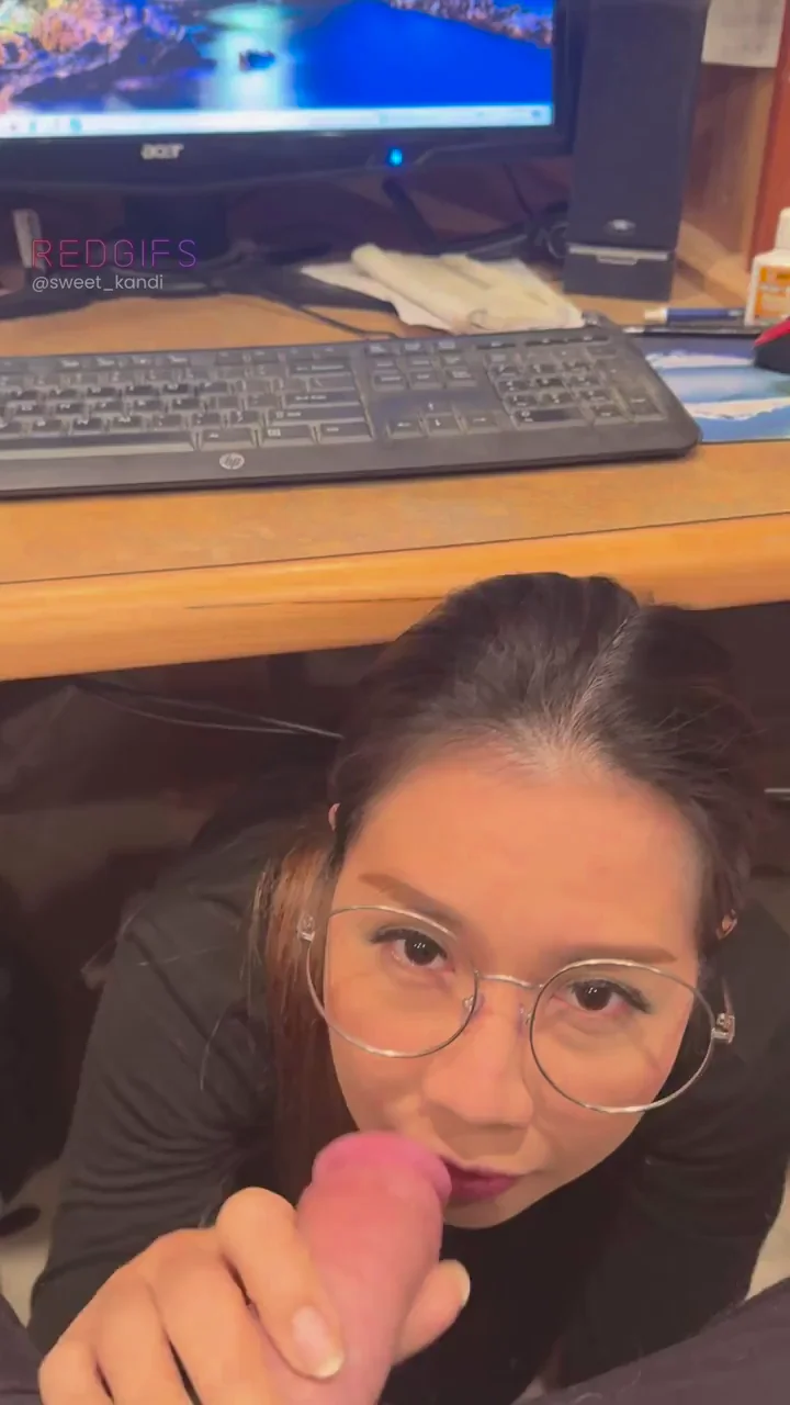 Petite Asian Hotwife Slurps Big Dick BJ Under Office Desk 😈🍆💦