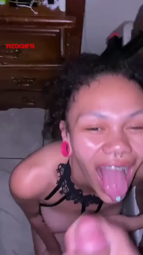 Asian Cumslut Teen Sticks Out Tongue for Thick Load Dripping Down Her Slutty Chin