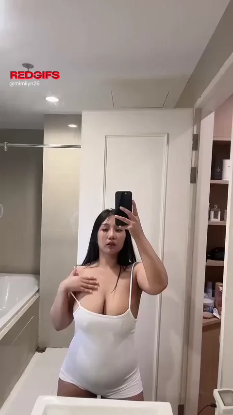 Setting My Massive Soft Tits Free - Asian Cutie Busts Out in White Bodysuit Tease